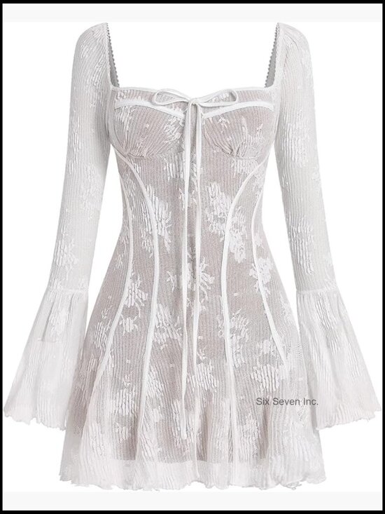 Dresses & Skirts - Long Sleeve Corset Mini Dress with Floral Lace and Bell Sleeves
